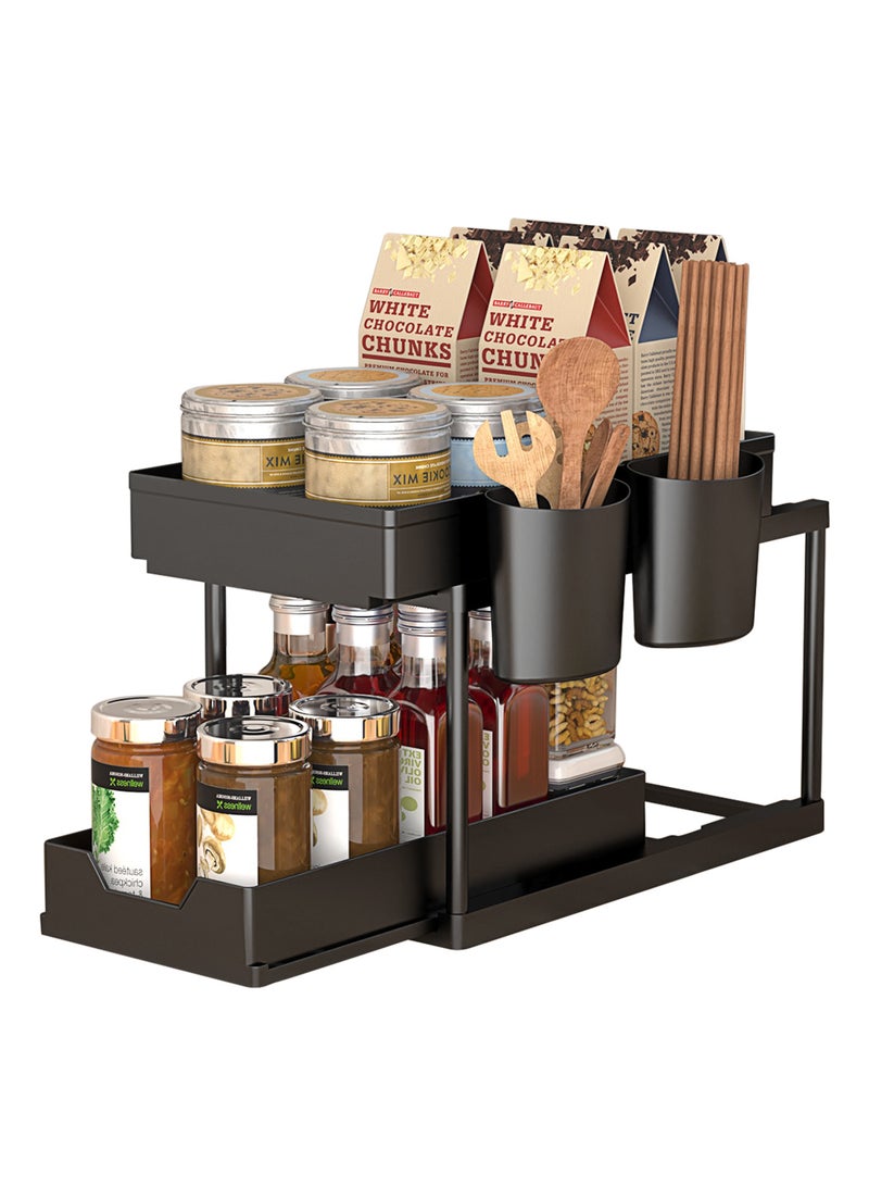 1 عبوة واحدة منظمات تخزين تحت الحوض بطبقتين ودرج منزلق يسحب للخارج، مزودة بـ 5 خطافات وسلة 2 - Image 2