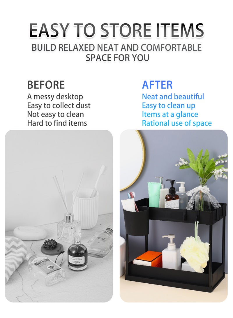 1 عبوة واحدة منظمات تخزين تحت الحوض بطبقتين ودرج منزلق يسحب للخارج، مزودة بـ 5 خطافات وسلة 2 - Image 5