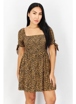 American Eagle Women Square Neck Long Sleeve Animal Print Mini Dress, Brown Combo  - Image 1