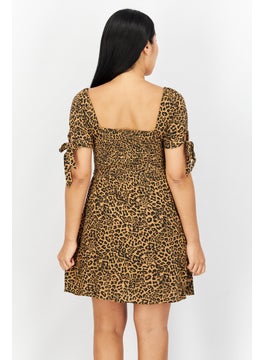 American Eagle Women Square Neck Long Sleeve Animal Print Mini Dress, Brown Combo  - Image 2