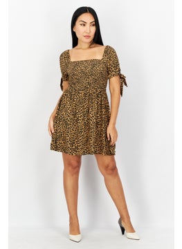 American Eagle Women Square Neck Long Sleeve Animal Print Mini Dress, Brown Combo  - Image 4