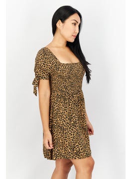 American Eagle Women Square Neck Long Sleeve Animal Print Mini Dress, Brown Combo  - Image 3