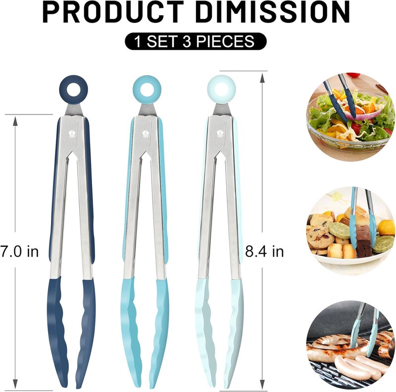 hotec Mini Silicone Kitchen Tongs for Cooking - 7-Inch Small Serving Tongs with Silicone Tips, Set of 3 (Blue) - Image 2