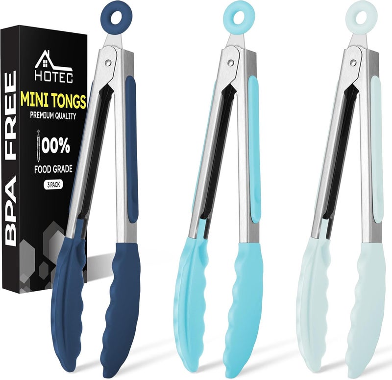 hotec Mini Silicone Kitchen Tongs for Cooking - 7-Inch Small Serving Tongs with Silicone Tips, Set of 3 (Blue) - Image 1