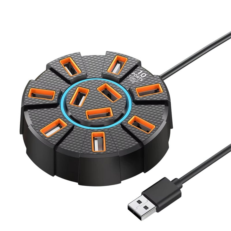 Viboton محور USB 2.0 بـ 10 منافذ مع منافذ طاقة/بيانات، نقل عالي السرعة 5Gbps، محطة شحن USB، محور ألعاب سهل الاستخدام للكمبيوتر المحمول – أسود دائري - Image 1