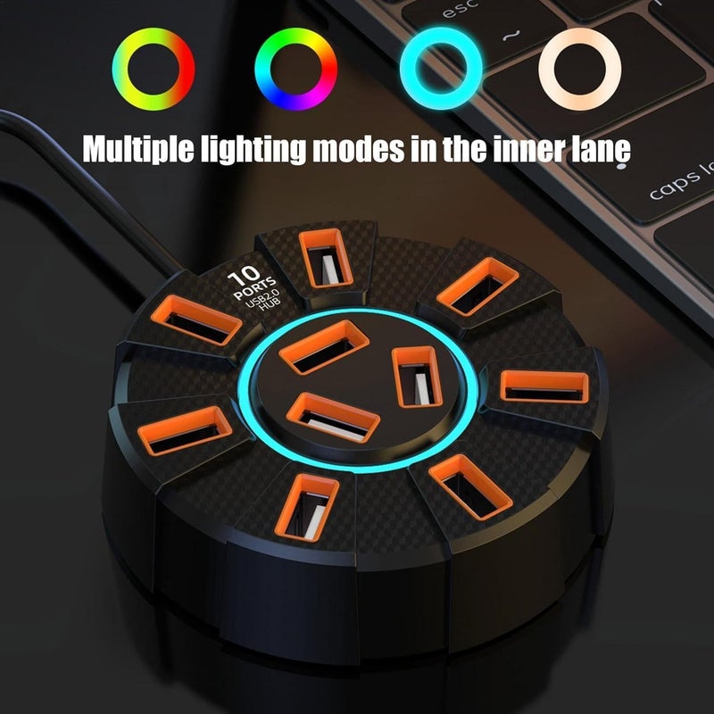 Viboton محور USB 2.0 بـ 10 منافذ مع منافذ طاقة/بيانات، نقل عالي السرعة 5Gbps، محطة شحن USB، محور ألعاب سهل الاستخدام للكمبيوتر المحمول – أسود دائري - Image 4