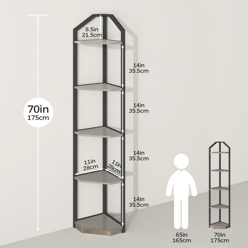 Fun Memories 5 Tier Corner Shelf, 70â€ Corner Shelf Stand, Corner Bookshelf Plant Stand, Storage Shelf for Bathroom, Living Room, Kitchen,Grey Home Office, Grey - Image 3
