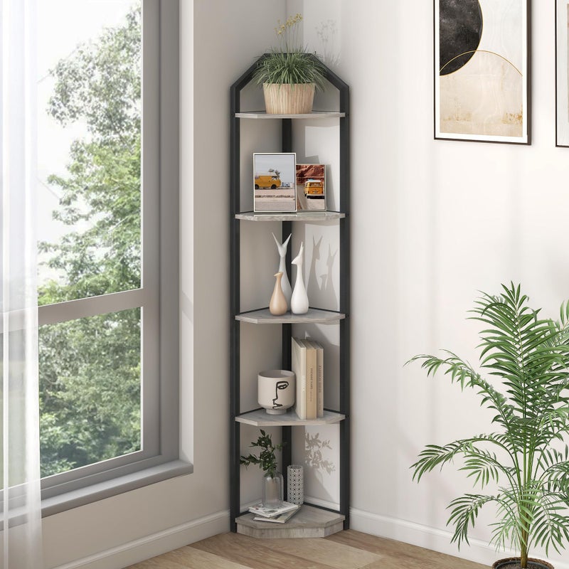 Fun Memories 5 Tier Corner Shelf, 70â€ Corner Shelf Stand, Corner Bookshelf Plant Stand, Storage Shelf for Bathroom, Living Room, Kitchen,Grey Home Office, Grey - Image 1