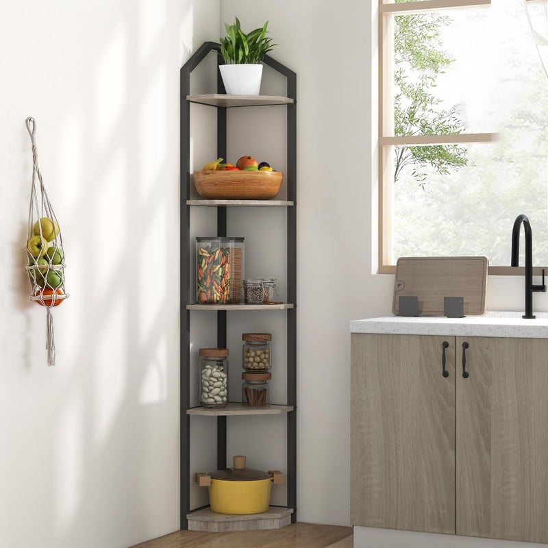 Fun Memories 5 Tier Corner Shelf, 70â€ Corner Shelf Stand, Corner Bookshelf Plant Stand, Storage Shelf for Bathroom, Living Room, Kitchen,Grey Home Office, Grey - Image 5