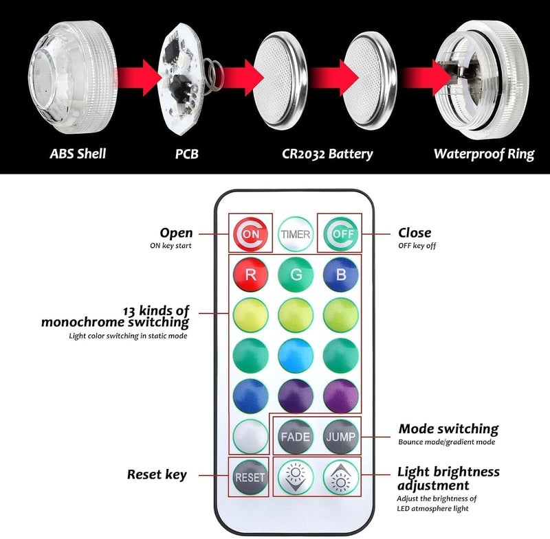 10 Pack RGB Submersible LED Lights, IP68 Waterproof with Timer Remote Set - Image 5