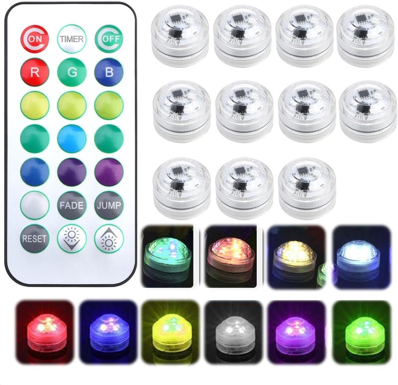 10 Pack RGB Submersible LED Lights, IP68 Waterproof with Timer Remote Set - Image 1