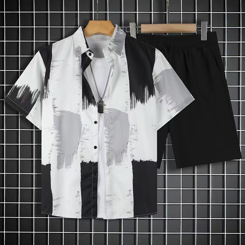 Generic Beach suit Summer Short-sleeved Fashionable Shirt plus size Loose Hawaiian Mens Casual Shorts Collocation Couple Fb-207#Suit [shirt + shorts] 