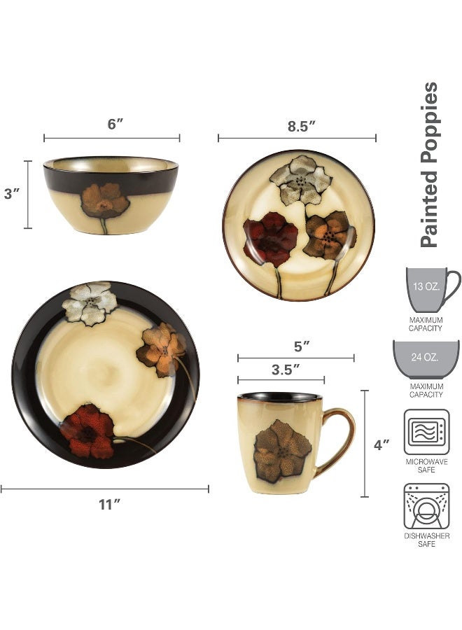 Pfaltzgraff Painted Poppies 16-Piece Stoneware Dinnerware Set Service for 4 Tan/Assorted - Image 2