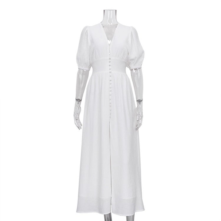 Elegant Split Maxi Dress Puff Sleeves Slimming White  - Image 1