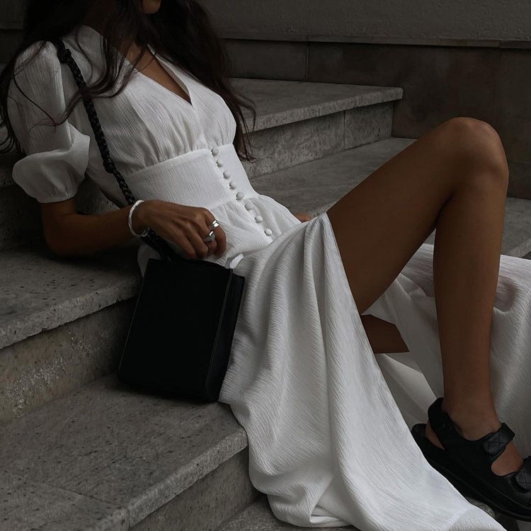 Elegant Split Maxi Dress Puff Sleeves Slimming White  - Image 5