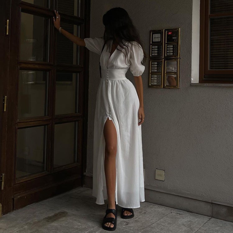 Elegant Split Maxi Dress Puff Sleeves Slimming White  - Image 3
