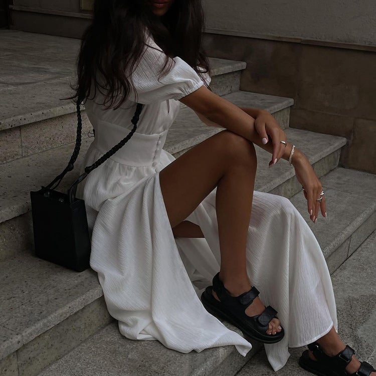 Elegant Split Maxi Dress Puff Sleeves Slimming White  - Image 4