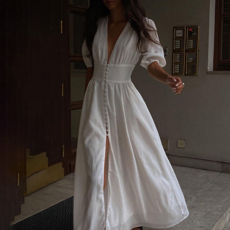 Elegant Split Maxi Dress Puff Sleeves Slimming White  - Image 2