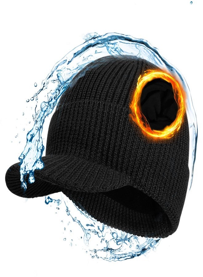 CHUANGLI Waterproof Merino Wool Visor Beanie for Men Large Winter Beanie with Brim, Unisex Warm Fleece Lined Knit Wool Hat Black - Image 1