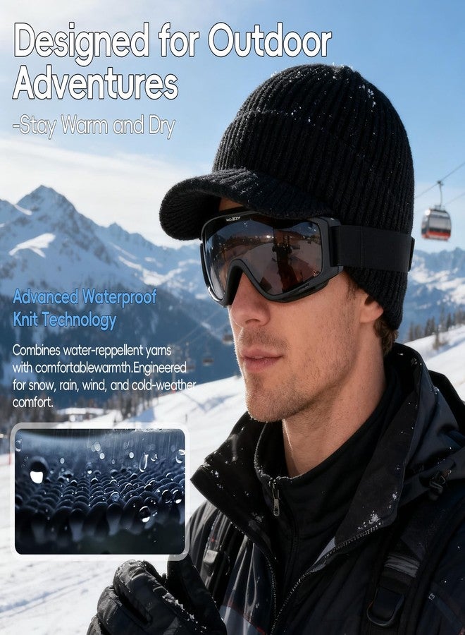 CHUANGLI Waterproof Merino Wool Visor Beanie for Men Large Winter Beanie with Brim, Unisex Warm Fleece Lined Knit Wool Hat Black - Image 3