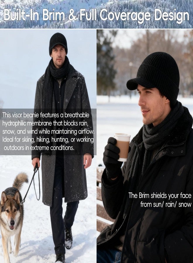 CHUANGLI Waterproof Merino Wool Visor Beanie for Men Large Winter Beanie with Brim, Unisex Warm Fleece Lined Knit Wool Hat Black - Image 5