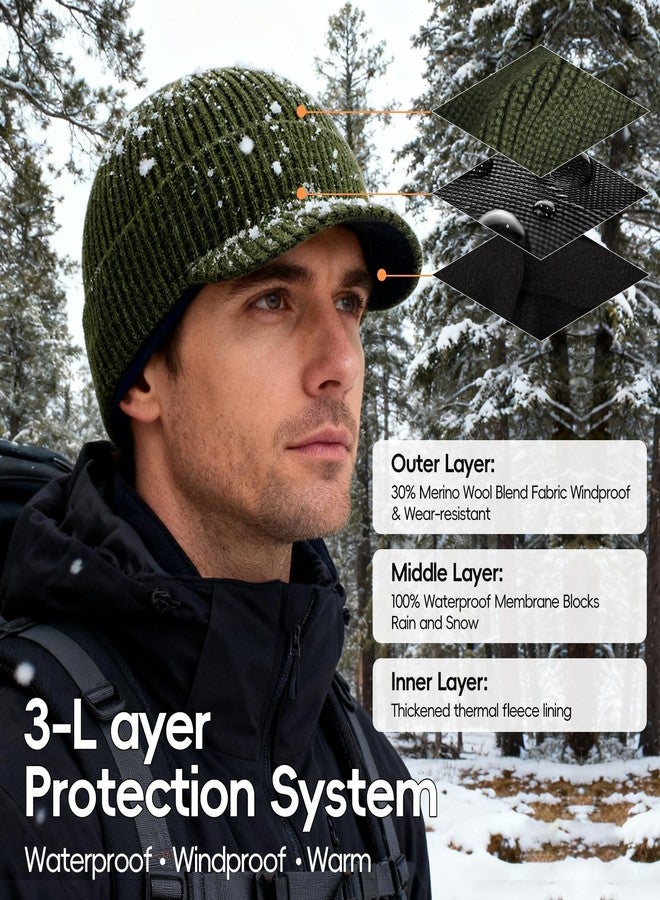 CHUANGLI Waterproof Merino Wool Visor Beanie for Men Large Winter Beanie with Brim, Unisex Warm Fleece Lined Knit Wool Hat Black - Image 2