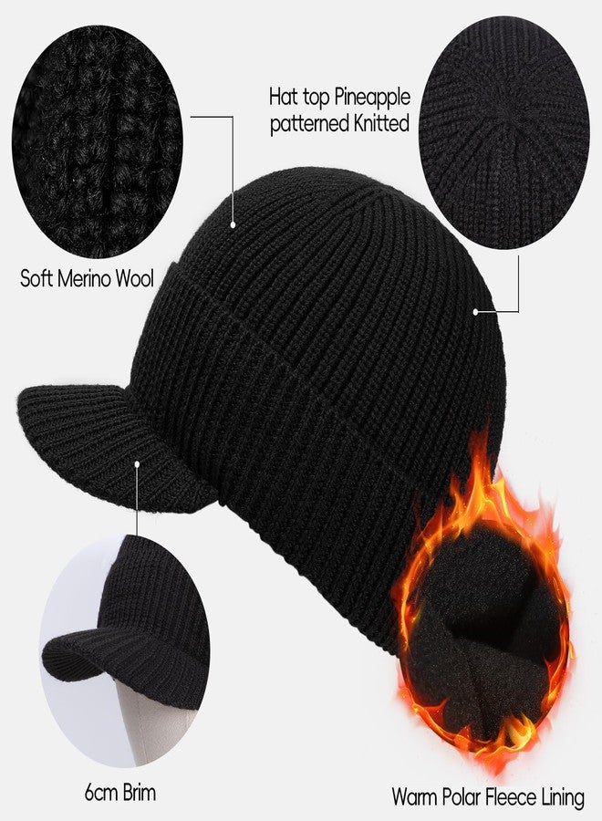 CHUANGLI Waterproof Merino Wool Visor Beanie for Men Large Winter Beanie with Brim, Unisex Warm Fleece Lined Knit Wool Hat Black - Image 4
