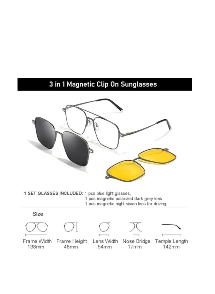 Magnetic Clip on Polarized Sunglasses for Men and Women Retro Square Eyewear with UV Protection Ideal for Night Driving Set of Three - Image 3