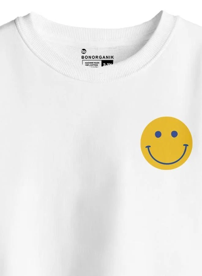 Bonorganik Girl's White 100% Cotton Printed Oversized T-Shirt