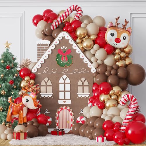 UAEYW 138Pcs Christmas Reindeer Balloon Garland Arch Kit Red Brown Sand White Gold Balloons with Moose Elk Deer Candy Cane Foil Balloon for Christmas Woodland Party Xmas Winter New Year Party Decorations - Image 1