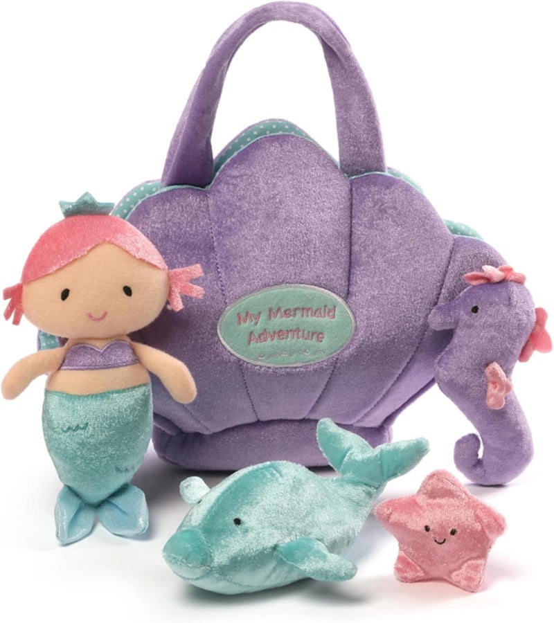 Baby Play Soft Collection, Mermaid Adventure 5-Piece Plush Playset with Rattle, Squeaker and Crinkle Plush Toys, Sensory Toy for Babies and Newborns, 8”