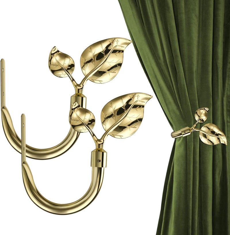 HIKMLK Leaf Curtain Holdbacks 2pcs, Handmade Metal Bronze Curtain Holders for Wall Decor, Antique Brass Curtain Tieback for Drapes Vintage Window Decoration (Vintage Golden) - Image 1