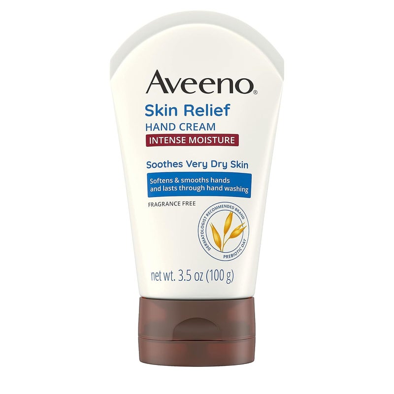 Aveeno Skin Relief Intense Moisture Hand Cream with Soothing Prebiotic Oat for Dry Skin Sensitive Skin Cream Softens  Smooths Hands  Lasts Through Hand Washing FragranceFree 35 oz