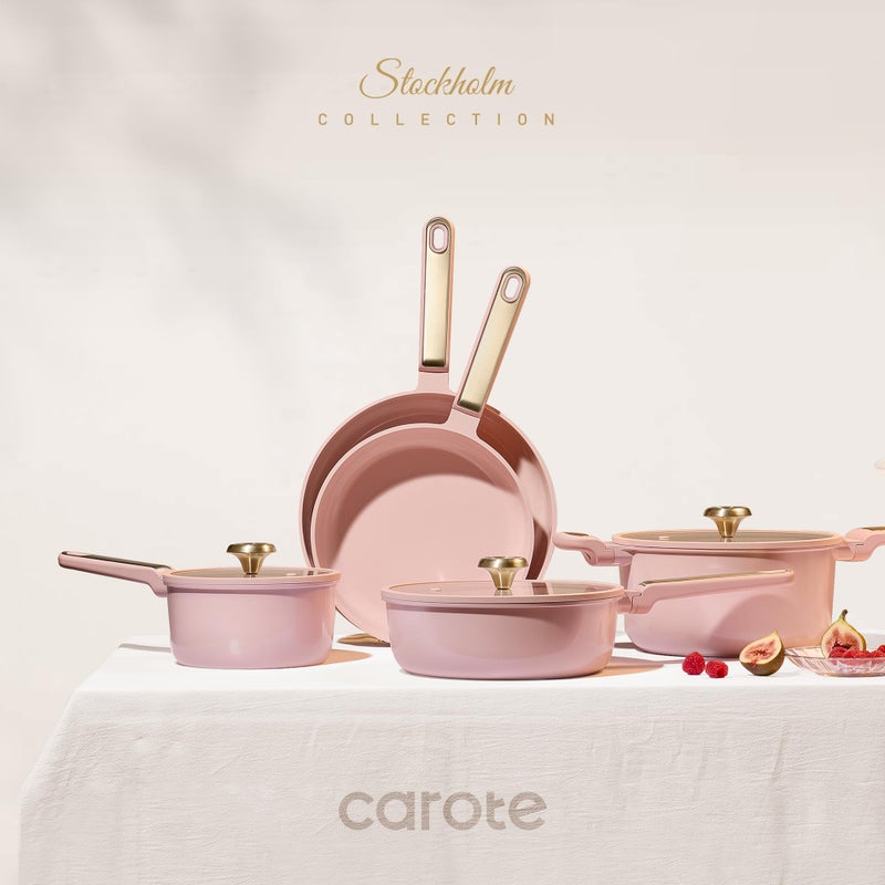 CAROTE مجموعة أواني الطهي السيراميكية CAROTE غير اللاصقة، 14 قطعة من الأواني والمقالي غير اللاصقة، غير سامة وخالية من PFAS، مناسبة لغسالة الصحون، مجموعة أواني الطهي للسيارات/التخييم، أواني الطهي مع أغطية، وردي فاتح - Image 3