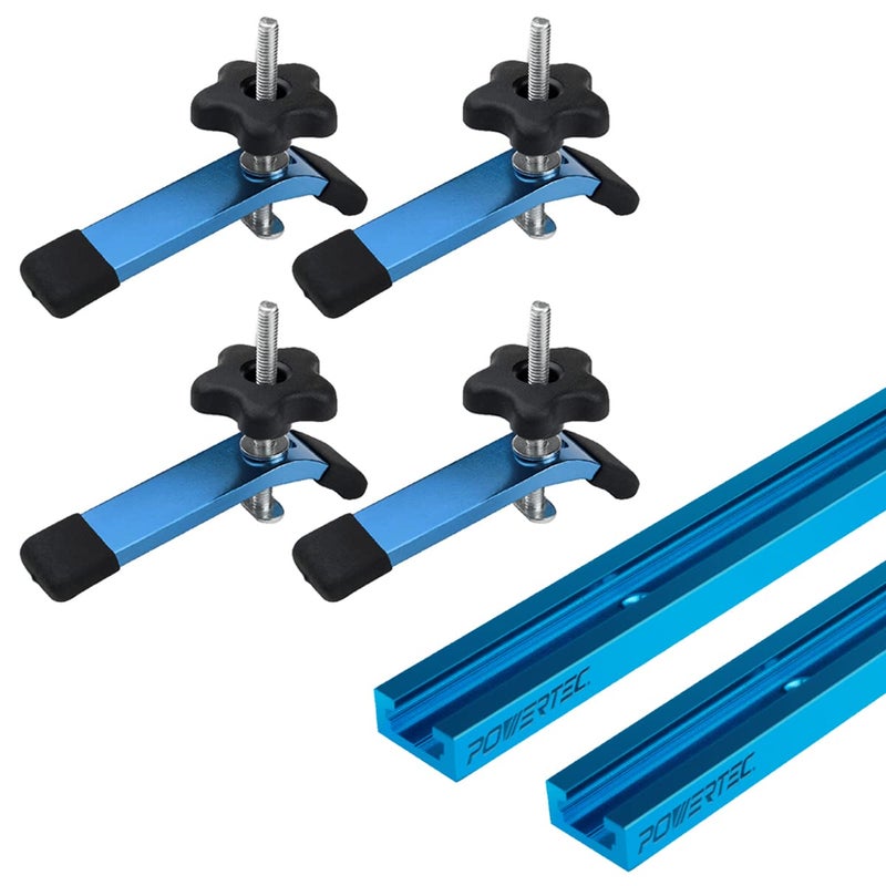 POWERTEC 71858 24 Inch x2 Universal T track with 4 Pcs Hold Down Clamp, Double-Cut Profile T track with Predrilled Mounting Holes & 5-1/2” L x 1-1/8” W T track Clamps - Image 1