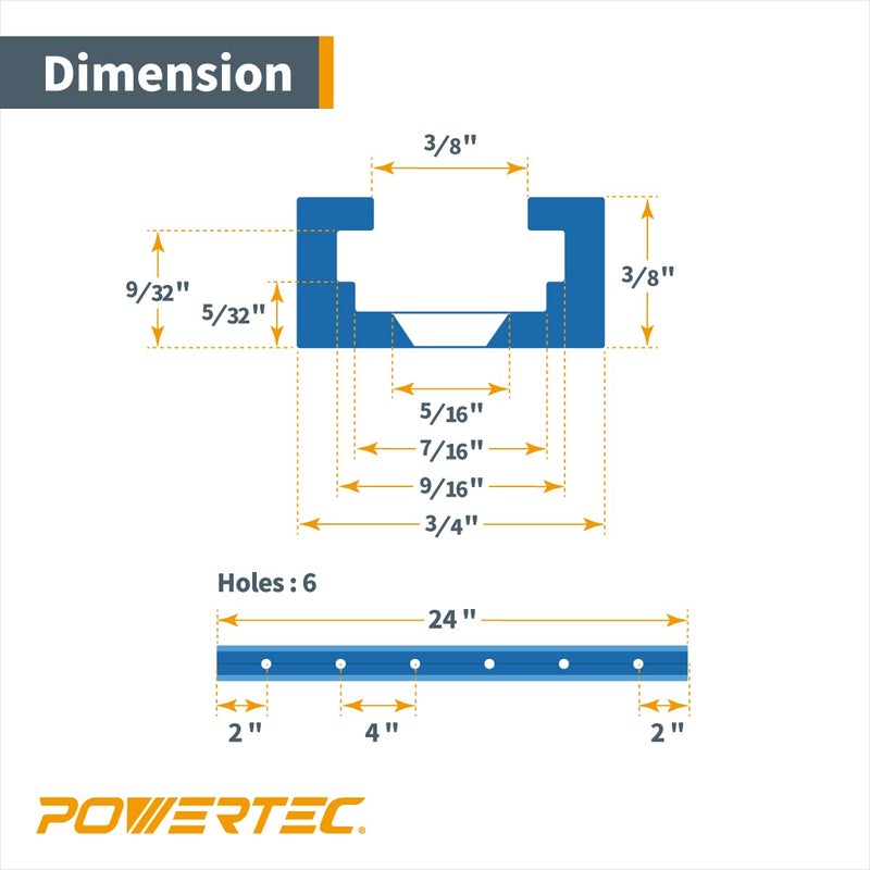 POWERTEC 71858 24 Inch x2 Universal T track with 4 Pcs Hold Down Clamp, Double-Cut Profile T track with Predrilled Mounting Holes & 5-1/2” L x 1-1/8” W T track Clamps - Image 3