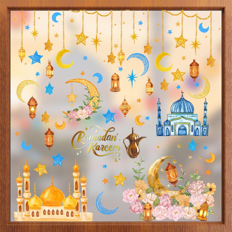 ZAEW ZAWE 9 Sheets Golden Castle Stars Moons Lantern Flowers Ramadan Kareem Window Clings Double-Sided Reusable Static Window Decals Stickers for Party Home Classroom Office Decorations - Image 1