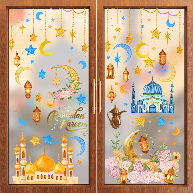 ZAEW ZAWE 9 Sheets Golden Castle Stars Moons Lantern Flowers Ramadan Kareem Window Clings Double-Sided Reusable Static Window Decals Stickers for Party Home Classroom Office Decorations - Image 5