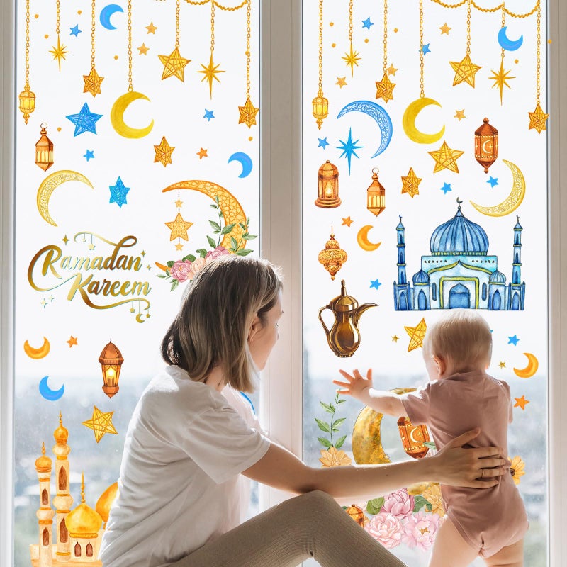 ZAEW ZAWE 9 Sheets Golden Castle Stars Moons Lantern Flowers Ramadan Kareem Window Clings Double-Sided Reusable Static Window Decals Stickers for Party Home Classroom Office Decorations - Image 4