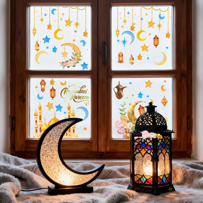 ZAEW ZAWE 9 Sheets Golden Castle Stars Moons Lantern Flowers Ramadan Kareem Window Clings Double-Sided Reusable Static Window Decals Stickers for Party Home Classroom Office Decorations - Image 3
