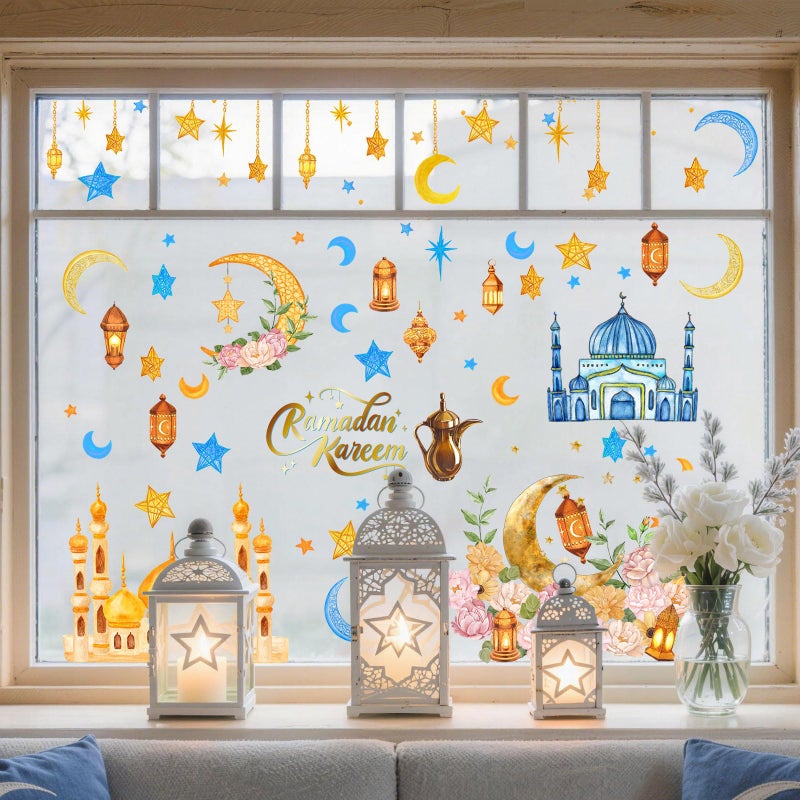 ZAEW ZAWE 9 Sheets Golden Castle Stars Moons Lantern Flowers Ramadan Kareem Window Clings Double-Sided Reusable Static Window Decals Stickers for Party Home Classroom Office Decorations - Image 2