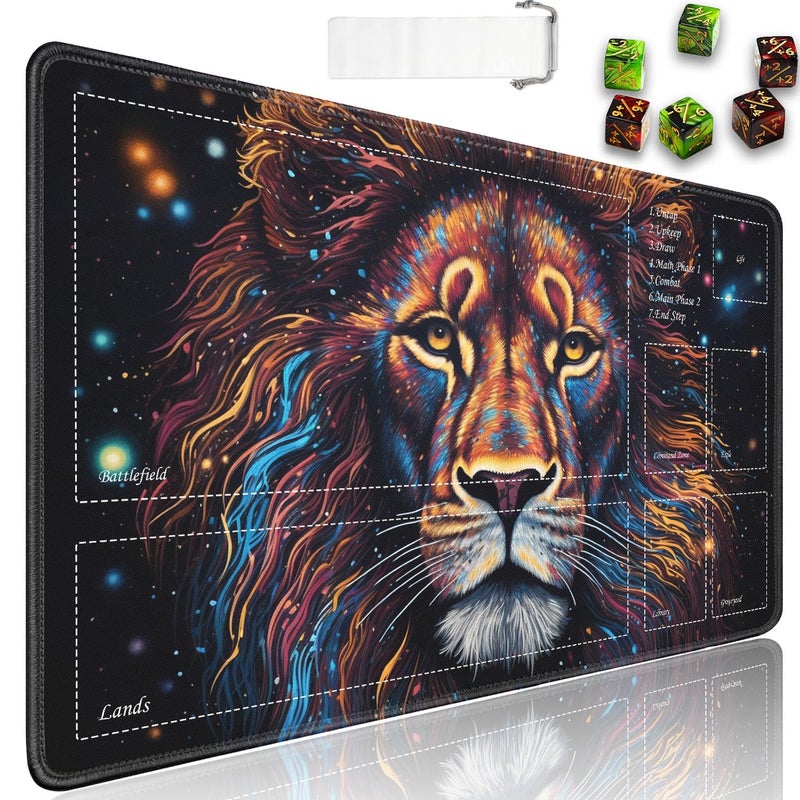JVGFYNKL for TCG Playmat Playmat with Zones 24x14 in NonSlip Rubber for MTG Playmat with Drawstring Travel Pouch and 6 Dice Splash Paint Lion for MTG Mat Card Game Playmats - Image 2