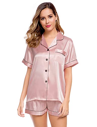LecGee Womens Silk Satin Pajamas Set Short Sleeve Sleepwear Button Down Loungewear 2 Pcs Pjs - Image 2