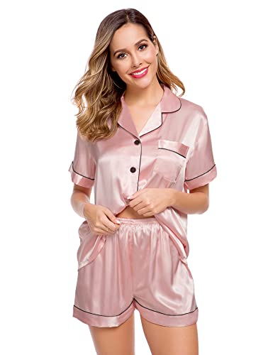 LecGee Womens Silk Satin Pajamas Set Short Sleeve Sleepwear Button Down Loungewear 2 Pcs Pjs - Image 3