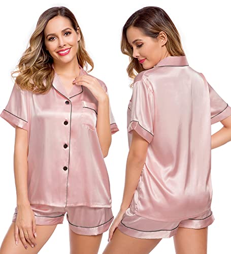 LecGee Womens Silk Satin Pajamas Set Short Sleeve Sleepwear Button Down Loungewear 2 Pcs Pjs - Image 1