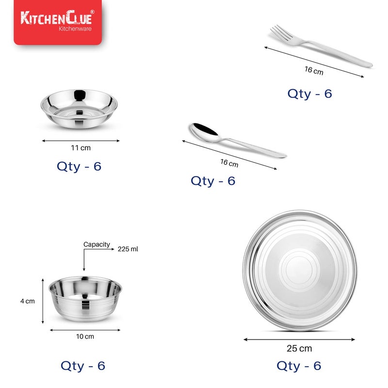 KITCHEN CLUE Stainless Steel Dinner Set 50pcs, Silver Touch Finish - Steel Kitchen Dinnerware Set for Home, Dinner Plates, Quarter Plates, Veg Bowls/Vati, Halwa Plate, Spoon, Forks, Glasses - Image 4