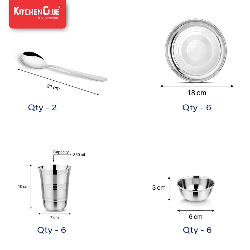 KITCHEN CLUE Stainless Steel Dinner Set 50pcs, Silver Touch Finish - Steel Kitchen Dinnerware Set for Home, Dinner Plates, Quarter Plates, Veg Bowls/Vati, Halwa Plate, Spoon, Forks, Glasses - Image 5
