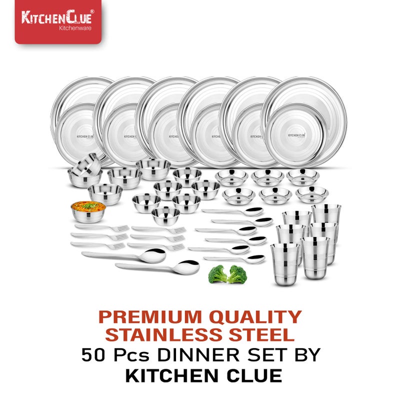 KITCHEN CLUE Stainless Steel Dinner Set 50pcs, Silver Touch Finish - Steel Kitchen Dinnerware Set for Home, Dinner Plates, Quarter Plates, Veg Bowls/Vati, Halwa Plate, Spoon, Forks, Glasses - Image 3