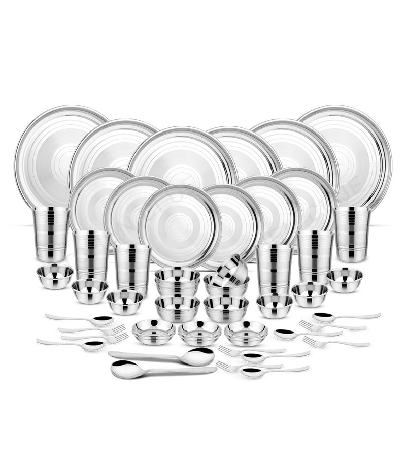 KITCHEN CLUE Stainless Steel Dinner Set 50pcs, Silver Touch Finish - Steel Kitchen Dinnerware Set for Home, Dinner Plates, Quarter Plates, Veg Bowls/Vati, Halwa Plate, Spoon, Forks, Glasses - Image 1
