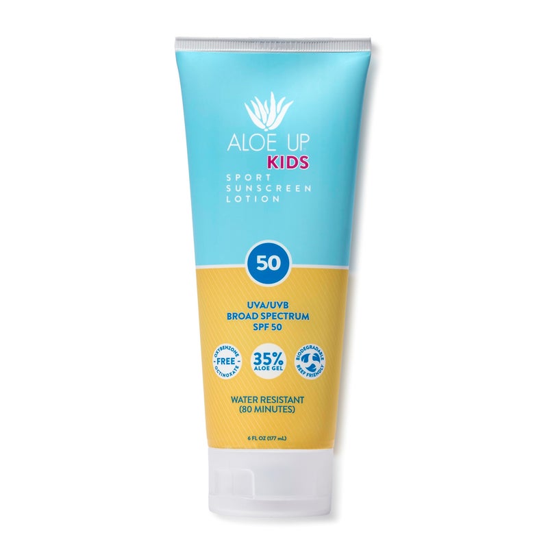 Aloe Up Kids Sport Sunscreen Lotion SPF 50 - Broad Spectrum Sheer Face and Body Sunscreen Protector for Sensitive Skin - With Aloe Vera Gel - Dries Fast - Reef Safe - Fragrance-Free - 6 Oz - Image 1